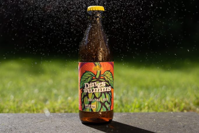 Flasche mit orangefarbenem Etikett, die eine spritzige Limonade zeigt, vor grünem Hintergrund.