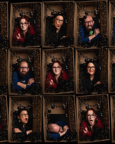 Mosaik mit Porträts von Menschen, die verschiedene Emotionen und Gesten zeigen.