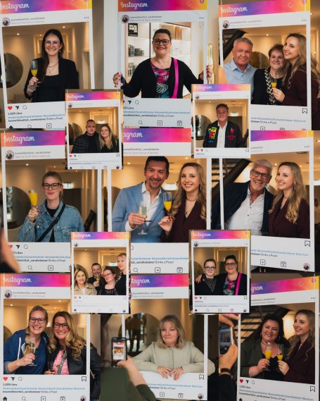 Collage von Personen, die mit Getränken lächeln und feiern, im Hintergrund unscharfe Räume.