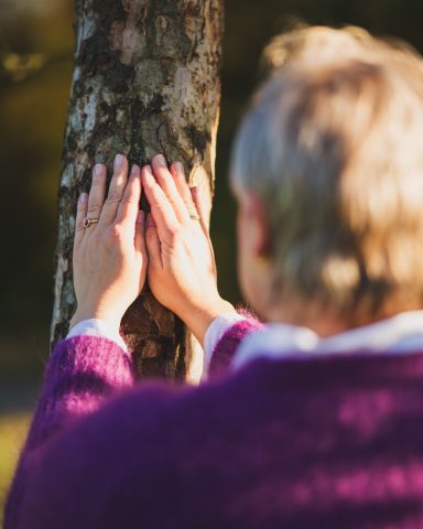 Eine Person berührt einen Baumstamm mit beiden Händen.